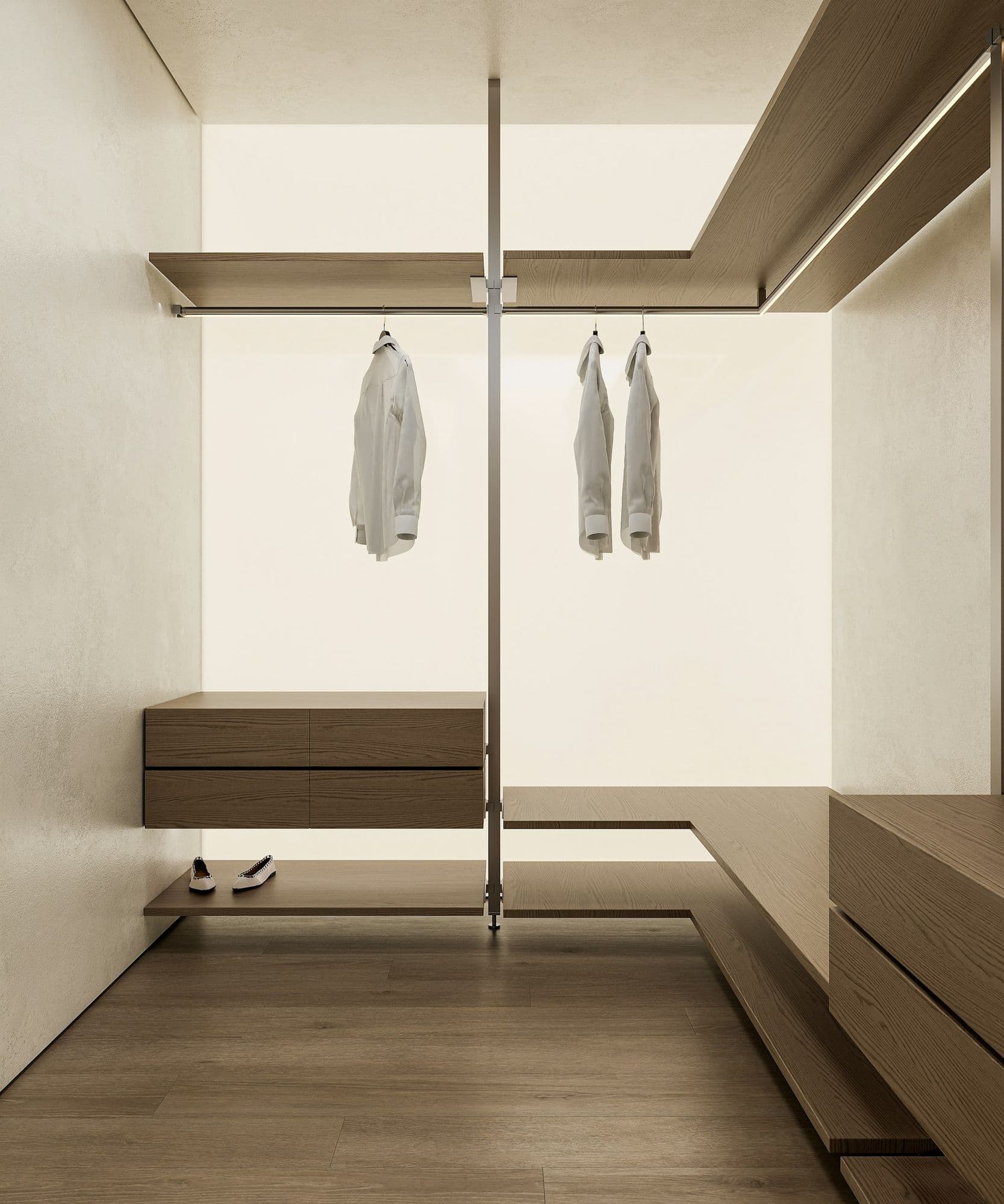Closet claro com cabideiro suspenso, banco central e prateleiras de madeira