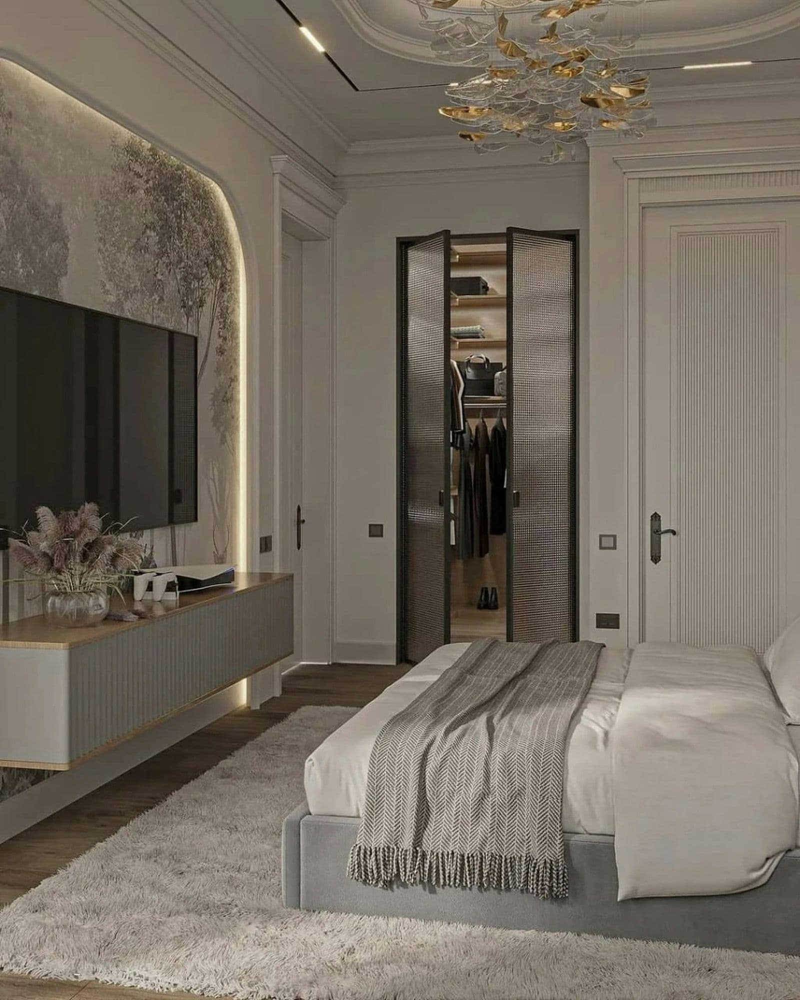Quarto com closet aberto integrado, cabideiros e penteadeira