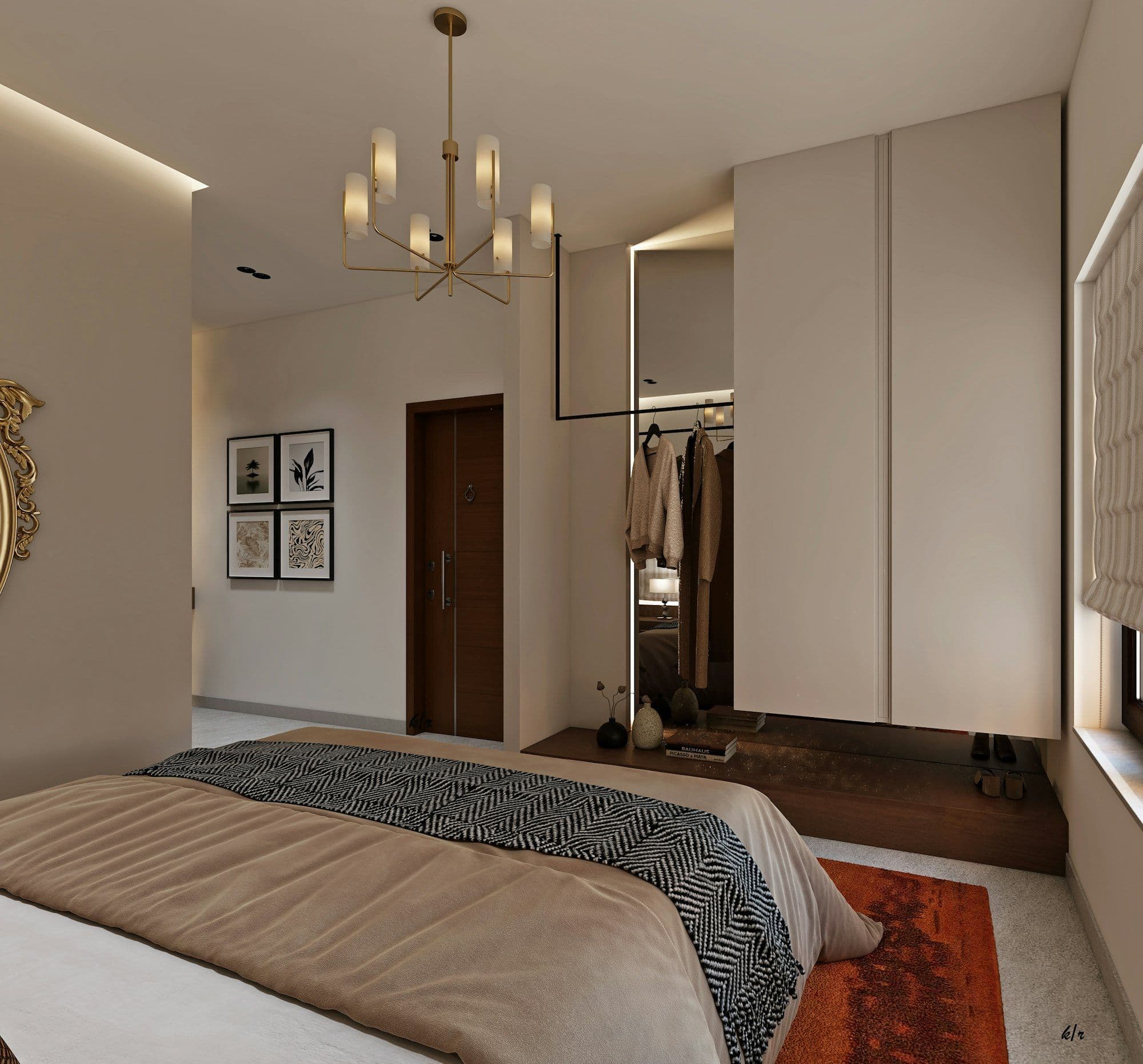 Quarto de casal com guarda-roupa claro, lustre e cama ampla