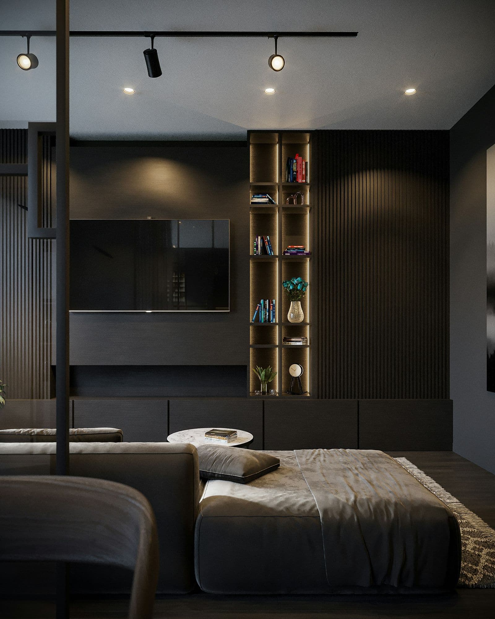 Quarto escuro com painel de madeira, nichos iluminados e cama baixa