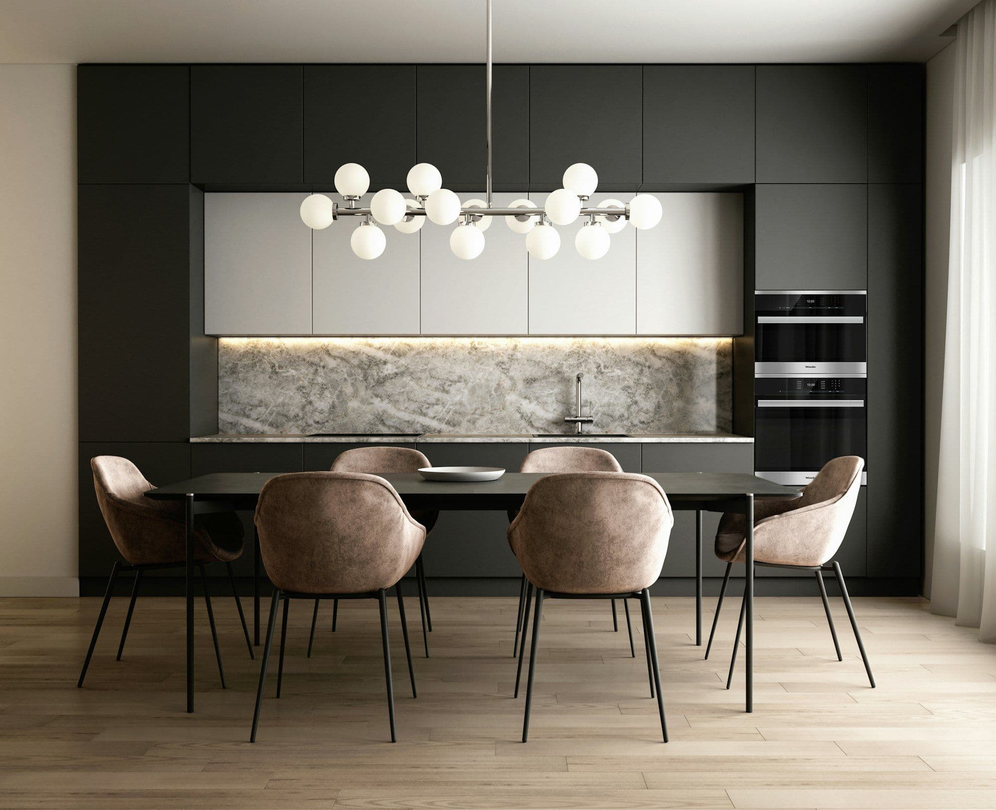 Sala de jantar com marcenaria escura, bancada de pedra e mesa para seis lugares